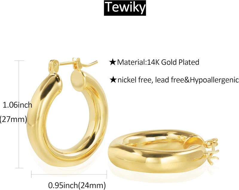 Tewiky Chunky Gold Hoop Earrings for Women, 14k Gold Plated Thick Triple Hoop Earrings Hypoallergenic Trendy Chunky Gold Hoops Earrings Dainty Jewelry Gifts for Women - Image 5